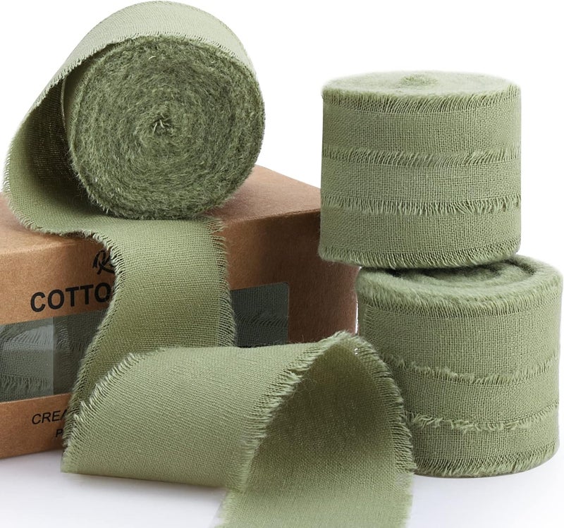 Keypan Sage Green Ribbon 1-1/2 x 15 Yards Handmade Cotton Frayed Fringe Fabric Ribbons for Crafts Flower Bouquets Wedding Baby Shower Home DIY Decor - Image 1